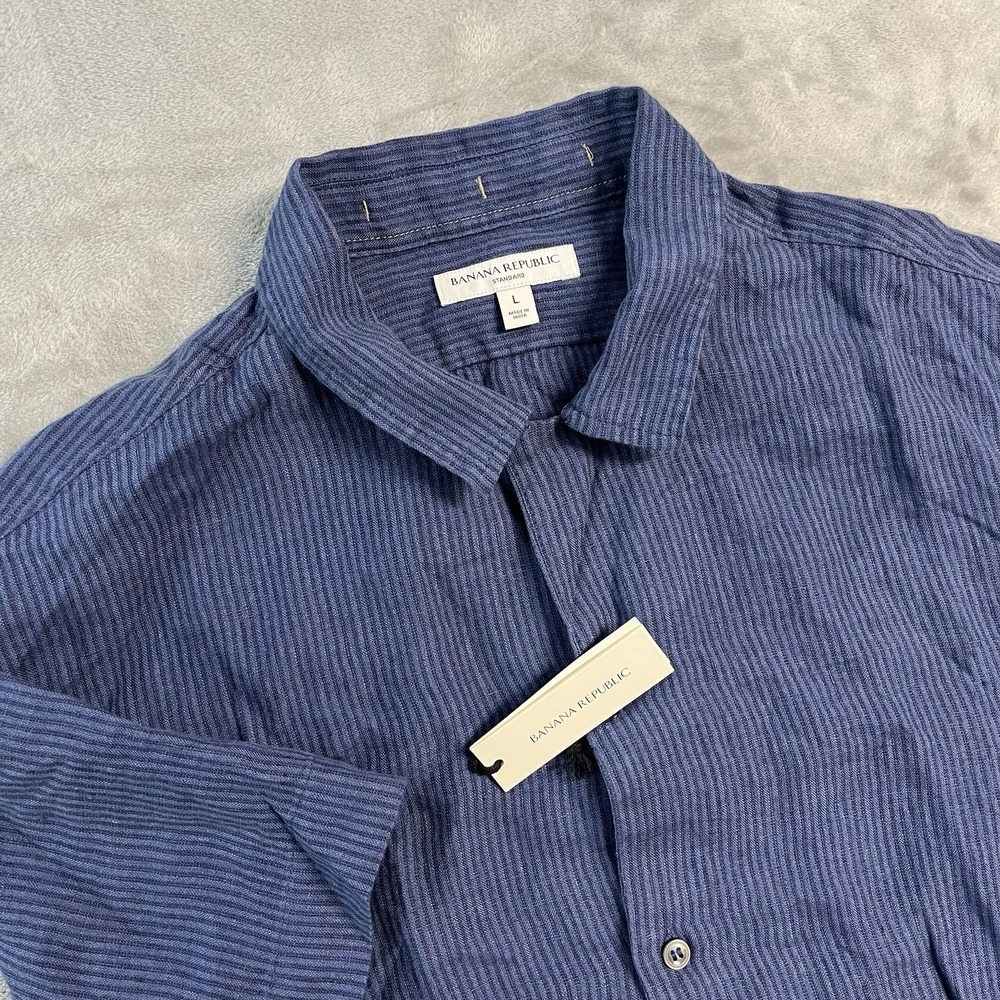 Banana Republic Standard Shirt Mens L Blue Striped 100% Linen Short Sleeve